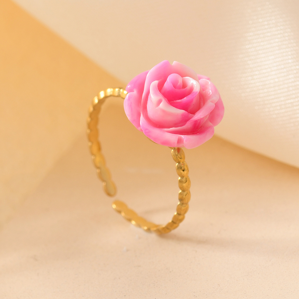 New Pink Embossed Flower Shell Pink Synthetic Rose Ring